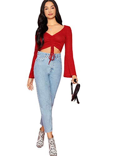Image of SweatyRocks Women's Adjustable Drawstring String Long Bell Sleeve Rib Knit Sexy Crop Top