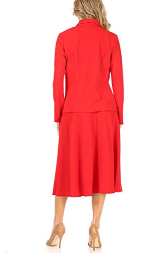 Two Piece Lightweight Solid Long Sleeve Casual Blazer Relaxed A-Line Midi Skirt Red 2XL4