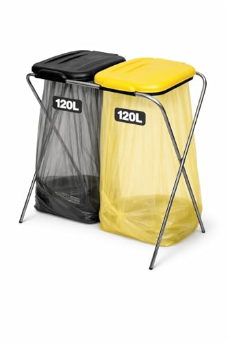 ENTIGO Müllsackständer 120 l Müllsackhalter Ständer für Müllsäcke Abfalltrenner Müllbeutelhalter rostfrei innen außen Klappe mit Beutelhalter recycelter Kunststoff (Schwarz+Gelb)