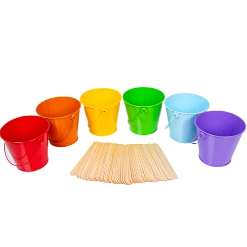 Dominus Decors - Small Metal Buckets with 50 Wooden Sticks Mixed Colors Rainbow Set of 6 Pails with Handles
