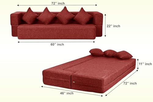 Image of C-Type Sofa Cum Bed 3-Seater Convertible Jute Fabric Sofa with Cushions, Modern Space-Saving Design for Living Room & Guest Room - Red Color