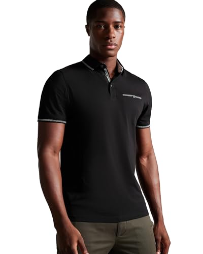 Ted Baker London Mens Tortila Short Sleeve with Birdseye Stripe Collar Polo Shirt in Black Size 4 - UK Size 40 - Large