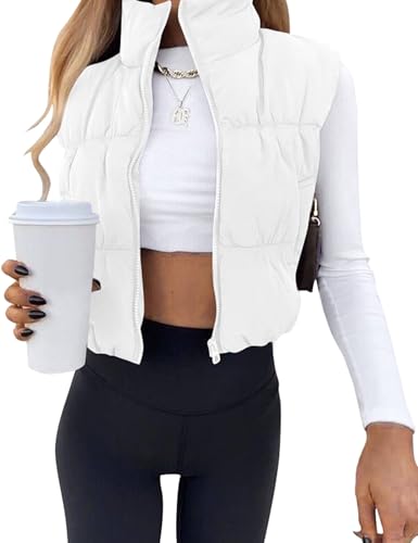 Poetsky Cropped Puffer Vest for Women Sleeveless Zip Up Stand Collar Padded Gilet Coat with Pockets White XXL