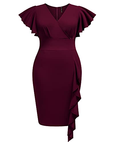 Miusol Women's Plus Size Vintage V Neck Ruffles Sleeve Business Cocktail Party Pencil Dress