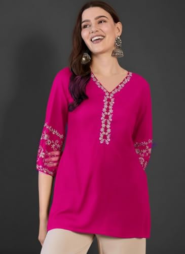 Image of MAHIRA'S Women's Short Kurti, Black Rayon Tunic Top with Embroidered Sleeves, 3 /4 Designer Sleeves