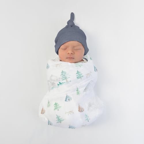 Image of SwaddleDesigns Cotton Muslin Swaddle Blanket, Receiving Blanket for Baby Boys & Girls, Best Registry Gift, 46x46 inches, Watercolor Denim Mountains & Trees
