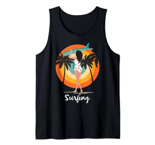 Vintage Sunset Summer Vacation Surfing at Beach Surfer Girls Camiseta sin Mangas