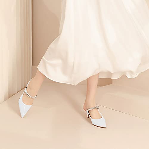 Jimishow Mule Heels White Mules For Woman Rhinestone Mule Sandals Strappy Pointy Closed Toe 2.5” Pumps Bridal Dress Shoes Evening Stilettos Size 5-13 Us #TOP1