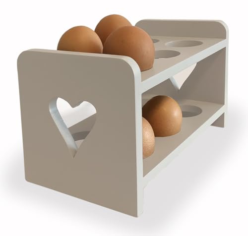 GreyZouq Vintage Wooden Egg Rack Storage with 2-Layer and Pretty Cut Out Heart Design, Country Kitchen Style, Scandinavian Inspired, Holds 12 Eggs, Rustic Food storage. (light grey)