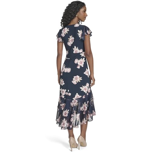 Image of Tommy Hilfiger Women's Flutter Sleeve V-Neck Ruffle Trim Hi-Lo Midi Dress