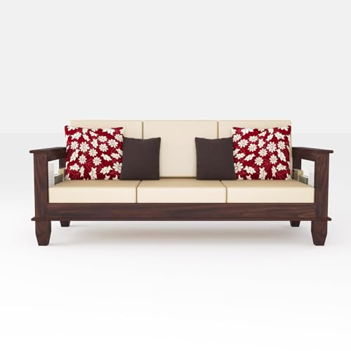Image of Sheesham Wood 3-Person Sofas for Living Room Home || Solid Wood 3 Seater Sofas Without Small Cushion Furniture for Guest Room Office (Walnut Finish)
