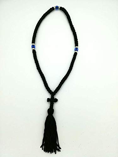 Blessed Handmade 100 Knots Prayer Rope Greek Russian Komboskoini Christian Orthodox Black With Blue Beads from Mt Athos Fragrance With Holy (Chrism- Myrrh)