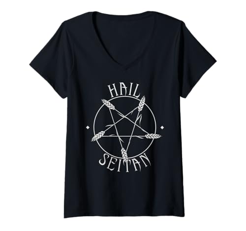 Damen Hail Seitan Vegan / Vegetarian Pentagram T-Shirt mit V-Ausschnitt