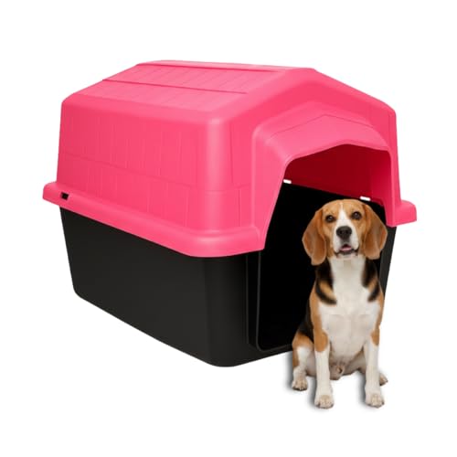 Casinha Pet 2 em 1 Grande N5 Caminha Proteção UV | Uso Externo Sol Chuva | Cães Médios até 22kg Labrador Bulldog Beagle | Plástico Rígido Atóxico Resistente | Limpeza Fácil (Rosa)