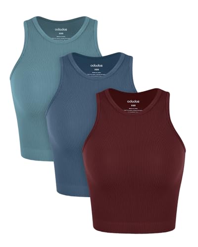 ODODOS 3-Pack Seamless Tank for Women Rib-Knit Soft Sleeveless High Neck Tank Tops, Waist Length, Claret+Ocean+Sky Blue, X-Large/XX-Large