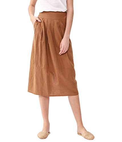 Amazhiyu Women's Linen Midi Skirt Half Elastic Waistband Back Slit with Pockets Summer Pleated Skirt (Brown, Small)