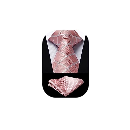 HISDERN Krawatte Rosa Herren Formelle Klassische Karierte Krawatten mit Einstecktuch Hochzeit Herrenkrawatte und Taschentuch Set für Männer