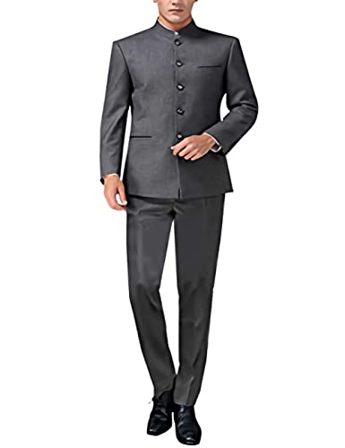 Wangyue Men's Formal 2 Pieces Regular Fit Suit Chinese Tunic Suit Mandarin Collar Blazer Pant