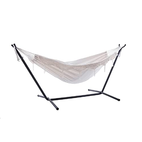 Classic Double Hammock with Stand Included with Carry Bag Durable Soft Breathable 100% Tightly Woven Cotton Cloth | Heavy Duty Black Steel Rust Proof Size 43''H x 47''W x 110''L Natural White Black