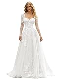 HUINI Langes Boho Brautkleid mit Spitzenapplikationen und Schleppe Tüll V-Ausschnitt Strandhochzeitskleid für die Braut Weiß 48
