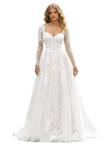 HUINI Langes Boho Brautkleid mit Spitzenapplikationen und Schleppe Tüll V-Ausschnitt Strandhochzeitskleid für die Braut Weiß 48