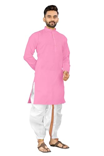 Image of UNIQUE MOMENTS Men's Cotton Dhoti Kurta Set with Full Sleeves Solid Pattern Modern Style and Mandarin Collar Neck | Perfect for Puja & Celebrations
