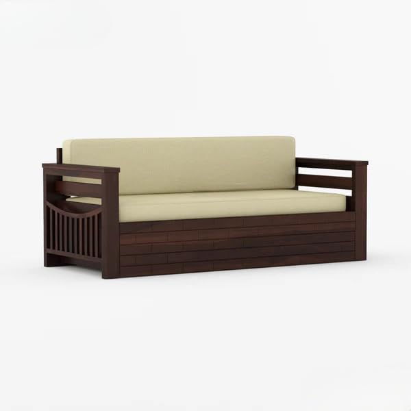 Image of Sheesham Wooden Sofa Cum Bed for Living Room with Side Pocket Storage - 3 Seater Sofa Cum Bed with Storage - 3 Person Sofa Cuma Bed Wooden with Premium Cushion Seating (Walnut Finish)