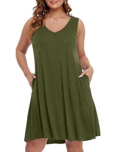 Image of BELAROI Women Casual Summer Dresses Plus Size Sundress V Neck Swing Tank Dress Sleeveless Criss-Cross Beach Cover Ups Pockets
