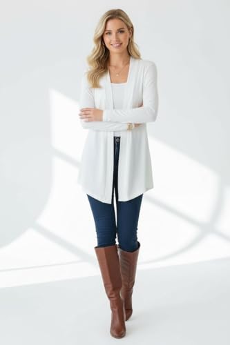 Image of ToBeInStyle Womens Open Front Long Sleeve Lightweight Asymmetrical Draped Cardigan with Side Pockets - Smooth Draping Classic Ivory - Small