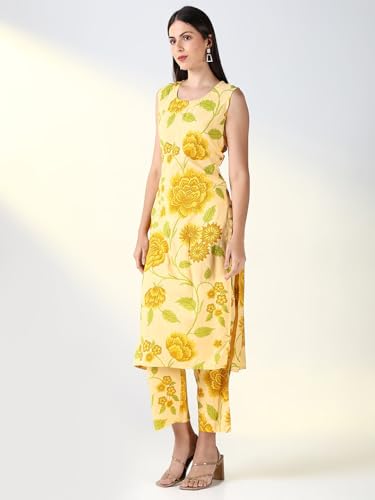 Image of SHOWOFFFF Women Printed Two-Piece Straight Ethnic Kurta Set | Round Neck Sleeveless Cotton Kurta Set for Womens | Mid-Rise Regular Fit Calf Length Kurta Set for Women's