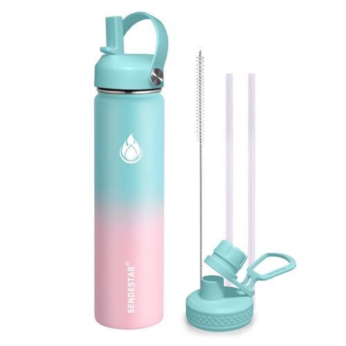 Image of SENDESTAR Stainless Steel Wide Mouth Water Bottle 24oz Double Wall Vacuum Insulated Leak Proof Bottle with New Flex Straw Lid & Spout Lid