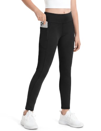 Image of JOCMIC Girls Leggings High Waisted with Pockets for Yoga Dance Gym Sports, Black, 13-14Years, Tag160