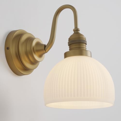 Teqinchy Gold Wall Sconces,Hardwire Bathroom Vanity Light with Striped Bowl Milk Glass Vintage Brass wall Mounted lamp Lights for Bathroom Mirror Living Room Bedroom Kitchen E26 Indoor