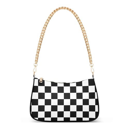 Clutch Tote Handbags with Removable Chains and Zipper Closure White and Black Checked Shoulder Purse Hobo Handbag for Women