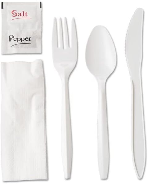 450 Plastic Cutlery Packets - Knife Fork Spoon Napkin Salt Pepper Sets | White Plastic Silverware Sets Individually Wrapped Cutlery Kits, Bulk Plastic Utensil Cutlery Set Disposable To Go Silverware