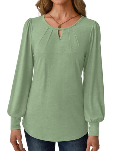 GKBK Women's Long Sleeve Tops Dressy Business Casual Blouses Chiffon Basic Loose Fit V Neck Work Shirt Pleated Keyhole 2025 Fall Winter Clothes Trendy Outfits Green Large — view 5