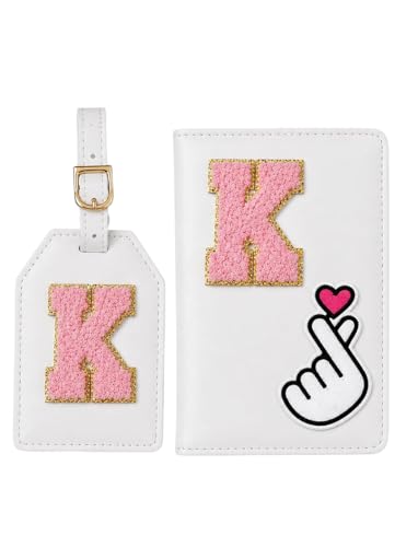 Image of Personalized Passport Cover & Luggage Tag Set | Korean Hert Patch | Initial Letter Travel Wallet with Matching Name Tag | Customize Gift | Stylish Travel Accessories Gift Set (White)