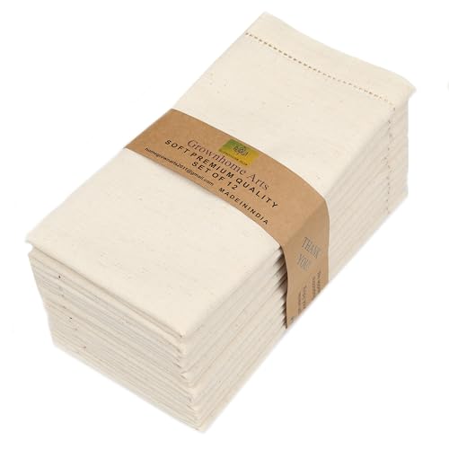 Linen Bidding Cloth Napkins 18x18 - Reusable Washable Fabric Dinner Napkins with Mitered Corners, Flax Cotton Blend, Long-Lasting Durability, Perfect for Everyday Use (Ivory, Pack of 12)