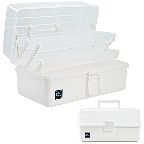 Creahaus 33 cm 3 lagen multifunctionele opbergdoos, ambachtelijke opbergdoos met vakken, kunststof gereedschapskist, medicijnopbergdoos, haaraccessoires organizer, naaidoos met 2 trays (wit)