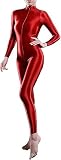 Xinxin Woman's Sheer Shiny Bodystocking Lingerie High Neck Long Sleeve Zipper Crotch Bodysuit Catsuit (Red), Medium