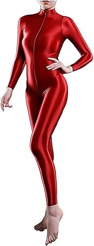 Yaaapiy Damen Ganzkörperanzug Jumpsuit Einteiler Hose Overall Halb-transparent Body Bodysuit eng Kostüm Catsuit mit Reisverschluss Dessous (Rot, M)