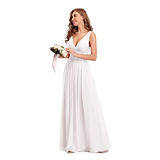 Ever-Pretty Robe de Soirée Longue Femme pour Mariage Décolleté en V en Mousseline de Soie Blanche 42