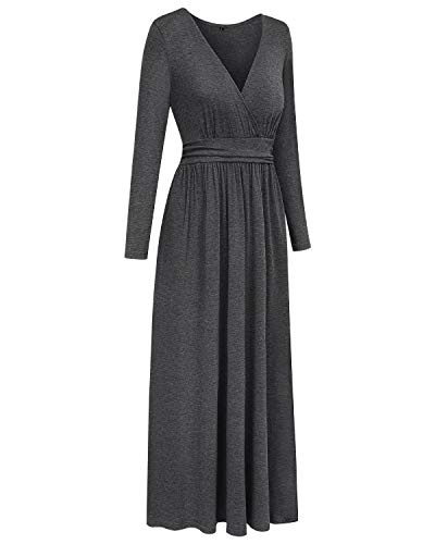 OUGES Womens Long Sleeve V-Neck Wrap Waist Maxi Dress(Gray,M)