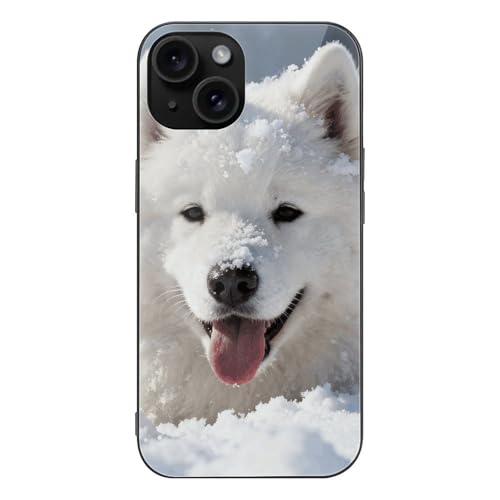 FekiLoot Samoyed in Snow for iPhone 15 Case Tempered Glass TPU Back Panel Shockproof with Anti-Fingerprint Phone Cover Black