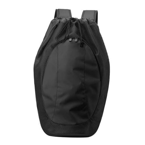 Drawstring Backpack with Mesh Compartment Nylon Sports Gym Bag Badminton Racket Bags for Dance Travel Swimming Women Men, Black