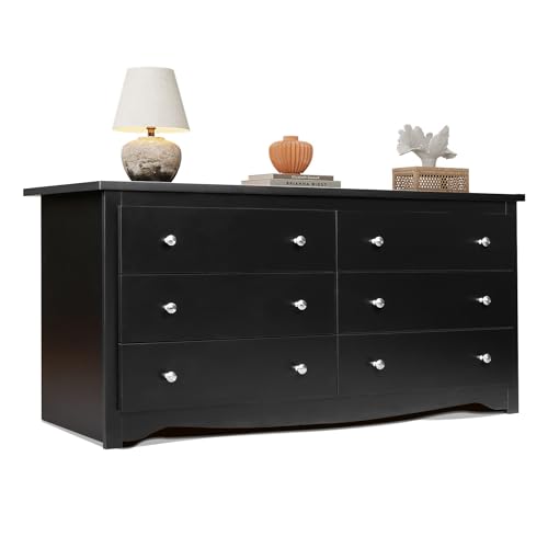 WLIVE Black Dresser with 6 Drawer, 59" Wide Chest of Drawers for Bedroom, Wood Long Nightstand with Drawers, Modern Large Storage Tower Unit, Closet Store Organizer for Living Room