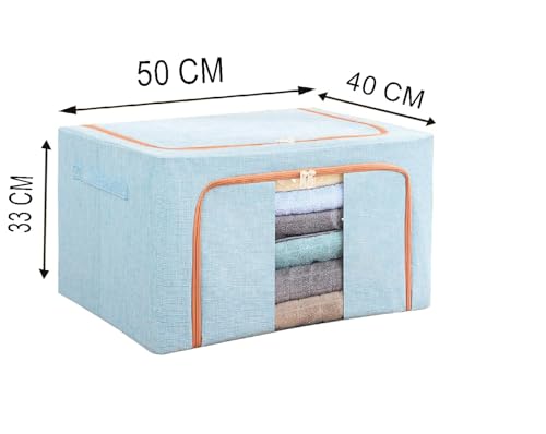 Image of Organisers Storage Box for Clothes 66 Liter Capacity Wardrobe Organizer for Clothes Storage Organizer Foldable Steel Frame with Zipper & Clear Window And Handle (Sky Blue, 66 Ltr - Pack of 4)