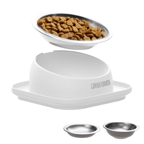 LINSHANMIN Cat Bowls Elevated Tilted Whisker Friendly, Cat Food Bowls for Indoor Cats, Shallow Food Dishes Stainless Steel, Slanted Flat Plastic Feeder Elevated Angled Design.(White)
