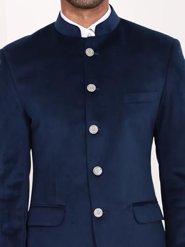 Image of MANQ Men Slim Fit Bandhgala Velvet Blazer - Mandarin Collar, Button Closure, Long Sleeves, Solid Ethnic Winter Wear with Three Pockets for Adults
