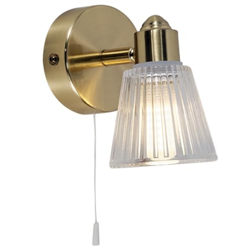 Britalia Satin Brass & Clear Ribbed Glass Bathroom Vintage 1 Lamp Switched Wall Light | 12.5cm Wide | IP44 Rating | 1 x G9 Lamp Bulb Required | 240V UK | Pull Cord Switch | Mirror Lighting